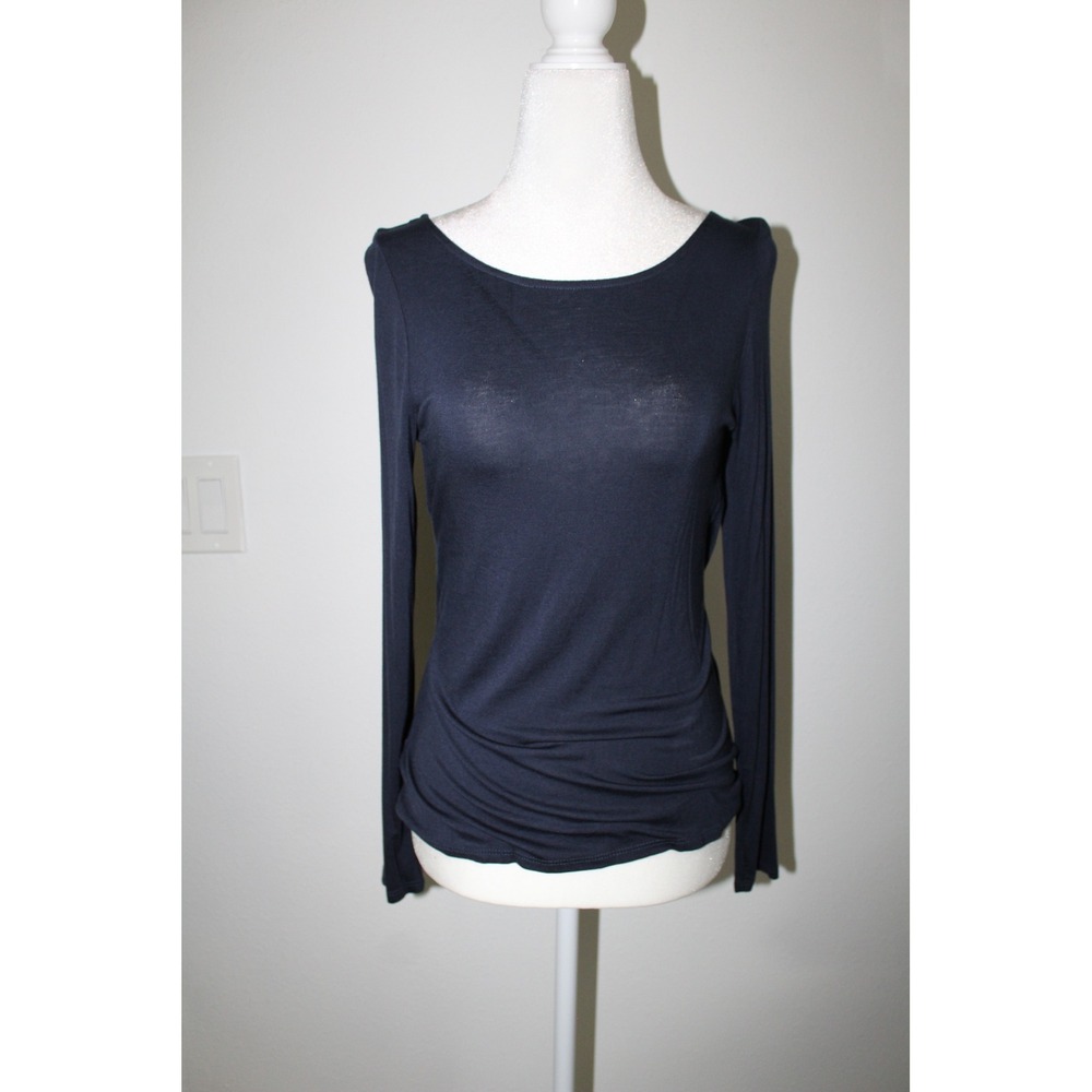Bordeaux Anthropologie Navy Long Sleeve Surplice V-Back Ruched Top Small NWT